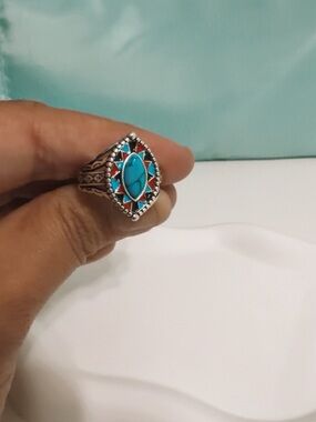 Turquoise and Coral Sunburst Silver Ring - Women Jewelry